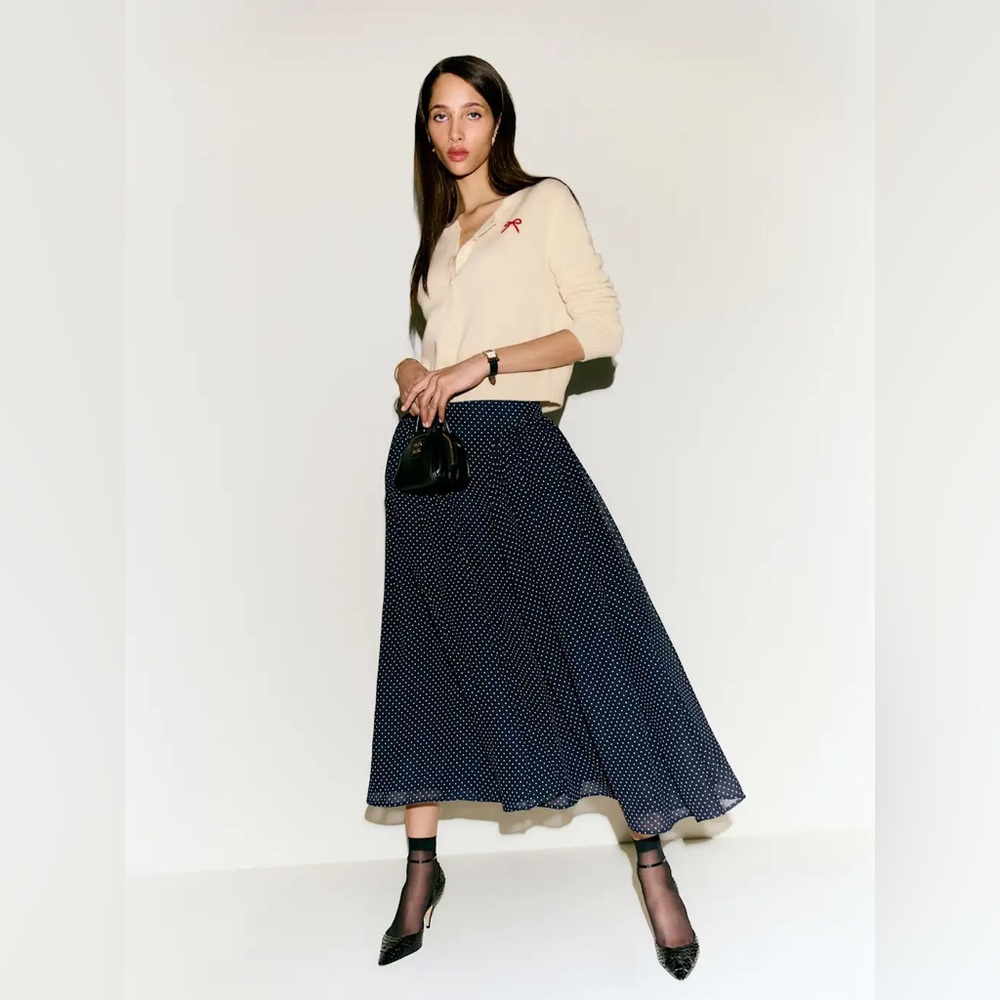 Reformation Gwen Navy Polka Dot Maxi Skirt